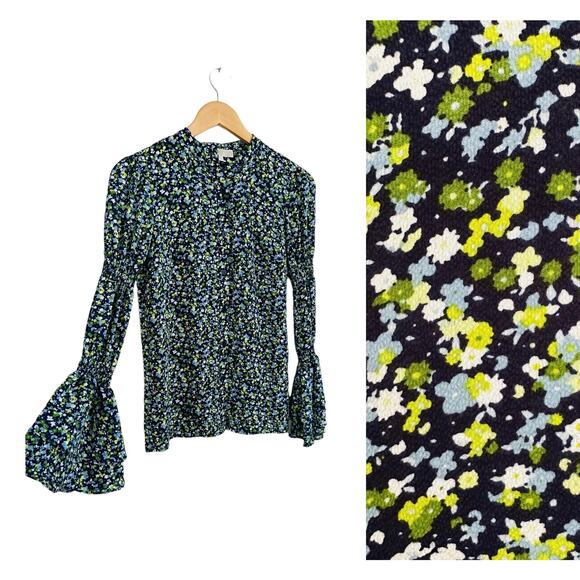 Michael Kors Floral Crepe Long Bell Sleeves Collarless Button Down Blouse XXS - Picture 6 of 7